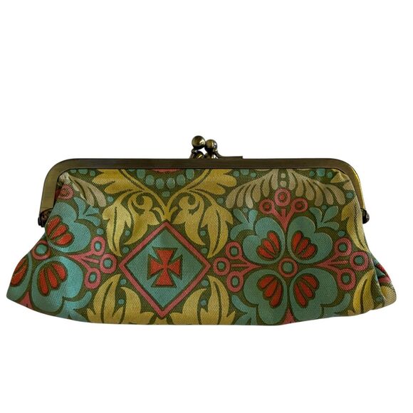 LuLu Clutch Purse Womens Green Yellow Pink Boho Tapestry Kiss Lock Wallet bag - Picture 1 of 13